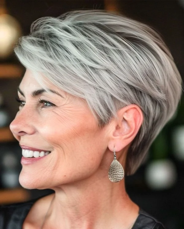 Elegancko wystylizowana pixie cut z dłuższą górą